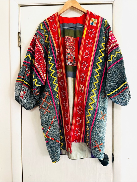 Vintage Jackets & Blazers - VTG OOAK Tribal Kantha Boho Festival Artisan Kimono Lightweight Patchwork Jacket